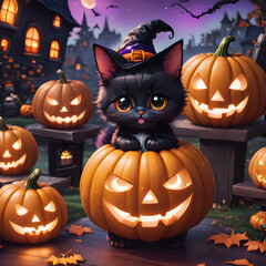 Un lindo gatito negro rodeado de calabazas de halloween