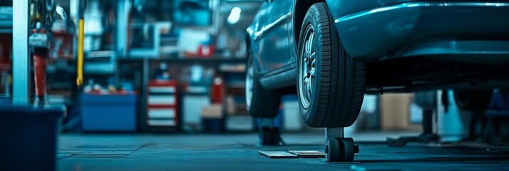 A car is elevated on a hydraulic jack for servicing in a comprehensive auto shop. The surroundings feature tools and equipment typical of an automotive repair environment