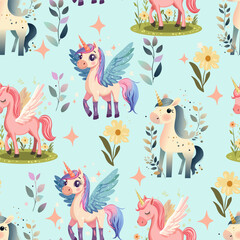 Baby fashion pattern design with cute unicorn, cloud, rainbow and flower drawing. Seamless pattern.  Kids fashion