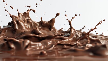 Brown chocolate liquid splashing on a white background with drops of sweet cocoa and cream flowing in an abstract closeup.