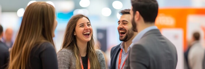 A cheerful group of individuals shares a moment of laughter and conversation at a networking event, creating an atmosphere of connection and joy