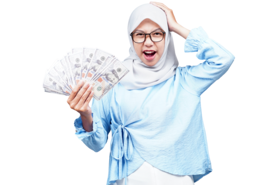 Surprised hijab asian woman with money isolated transparent