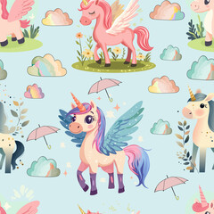 Baby fashion pattern design with cute unicorn, cloud, rainbow and flower drawing. Seamless pattern.  Kids fashion