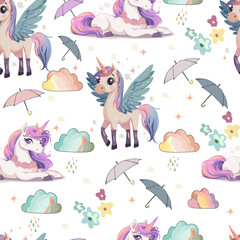 Baby fashion pattern design with cute unicorn, cloud, rainbow and flower drawing. Seamless pattern.  Kids fashion