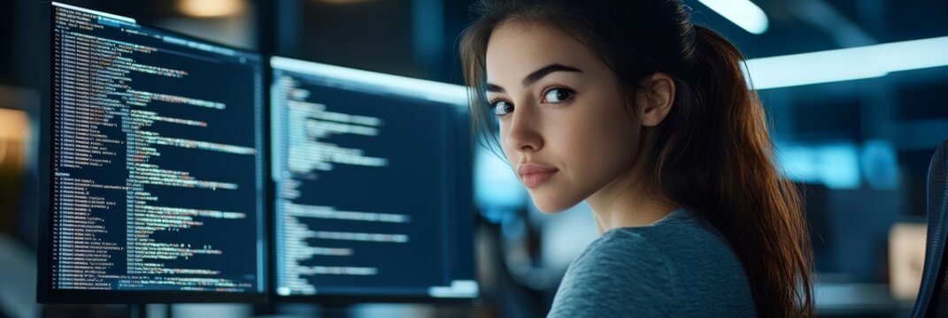 A female software engineer focuses intently on complex code displayed on dual monitors in a contemporary office setting, working late into the evening on her project