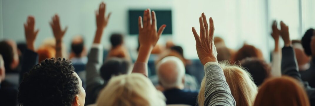 In a vibrant business seminar, a diverse audience eagerly raises hands to contribute, showcasing enthusiasm for collective learning and engagement during discussions