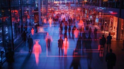 Advanced High-Tech Security System Monitoring a Crowded Mall for Safety Threats, Digital Safety Checks in Progress