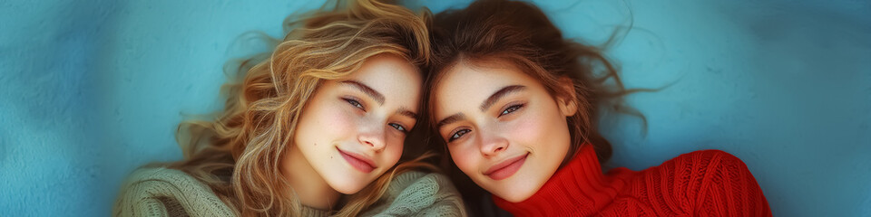 Fototapeta premium Portrait of two smiling babes showcasing friendship and happiness, perfect for social events or inspirational themes. Design for Wall Art, Poster Print, Wallpaper & Background