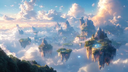 Whimsical fantasy world floating islands and magical creatures