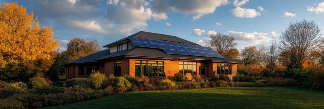 A sleek, modern suburban house features photovoltaic panels on its roof, surrounded by colorful fall foliage and a well-maintained lawn. The evening sky sets a tranquil ambiance
