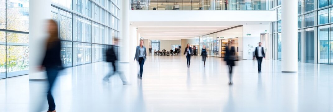 In a bright, modern office, professionals walk through an expansive space with sleek architecture, engaging in various activities throughout the workday