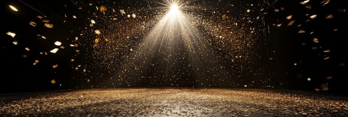 Golden confetti falls gracefully onto an empty stage, illuminated by a spotlight that enhances the festive ambiance, creating a captivating prelude to a performance