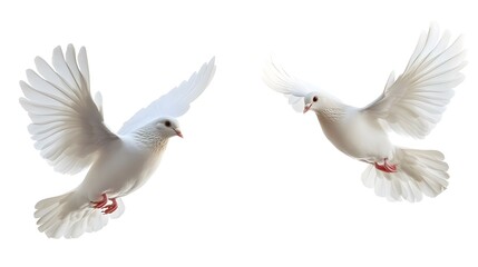 Obraz premium White doves flying in various directions, isolated on a white background, symbolizing peace, freedom, and spirituality, perfect for nature and symbolic concepts in high-detail, minimalist design
