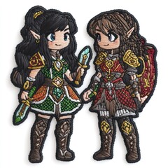 Naklejka premium Two anime-style elf characters, one wearing green and holding a sword and the other in red armor holding a shield.