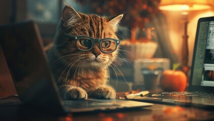 A Cat with Glasses Concentrating on a Laptop