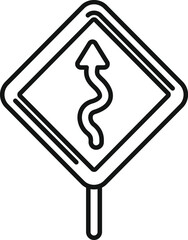 Simple black and white icon of a winding road traffic sign indicating curves ahead