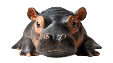 A baby hippopotamus stares directly at the camera with a curious expression