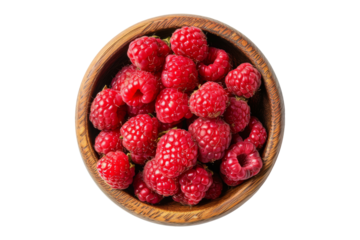 Red Raspberry group inside wooden bowl from top view isolated on background, flat lay of juicy berry fruit.