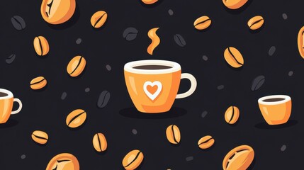 Obraz premium A chic illustration features a seamless coffee cup pattern amidst a sleek black backdrop, perfect for modern dcor.