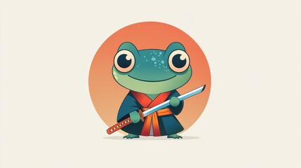 Obraz premium A playful illustration featuring a samurai frog wielding a katana, dressed in a stylish kimono against a circular backdrop.
