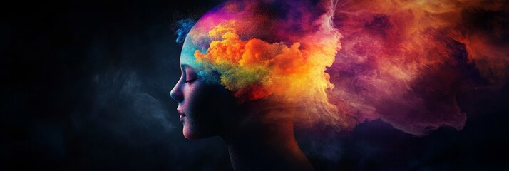 A human head silhouette stands against a dark background, surrounded by vivid colors and abstract forms that burst outward, symbolizing creativity and imagination