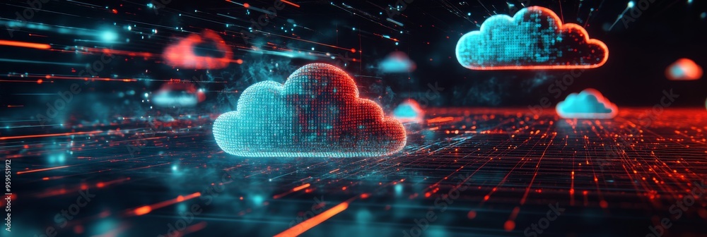 Poster a vibrant digital hologram showcases cloud data transfer, featuring streams of binary code flowing s