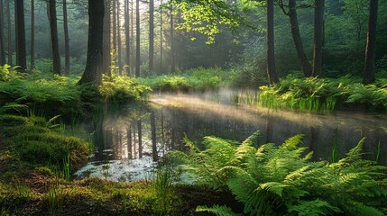 Obraz premium A misty forest stream with a sunbeam shining through the trees, creating a magical atmosphere.