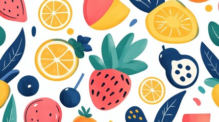 Vibrant garden fruits create a seamless decorative pattern, perfect for showcasing fresh, organic food in a modern style.