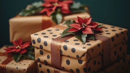 Christmas stacks of gifts wrapped in recycled brown wrapping paper with polka dot and poinsettia prints gold colors, stacked on top of each other against a plain background
