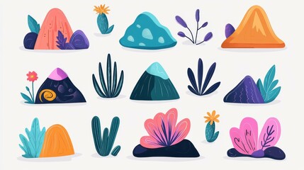 Naklejka premium Explore our retro collection of organic shapes featuring funky clouds, flowers, and mountainsperfect for modern designs