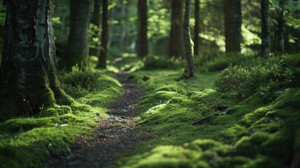 Peaceful woodland trail. Sunlit path through lush forest with mossy ground