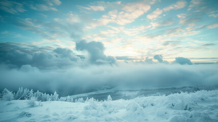Fototapeta premium A winter sky just after a snowfall, thick clouds with hints of sunlight breaking through, snow-covered landscape below