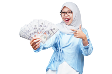 Hijab asian woman holding money and pointing isolated transparent