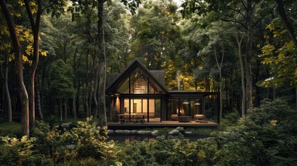 Cozy cabin nestled in a dense forest offering a peaceful sanctuary to escape modern life and reconnect with nature.