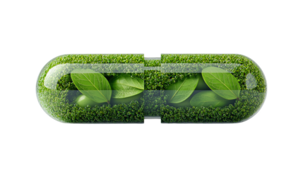 A transparent capsule filled with green leaves and moss, representing the power of nature