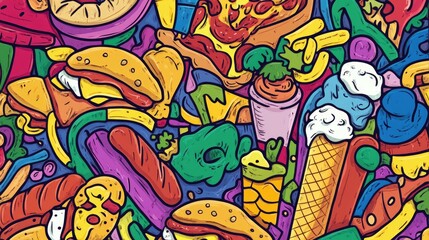 Colorful Seamless Pattern with Various Food Icons.