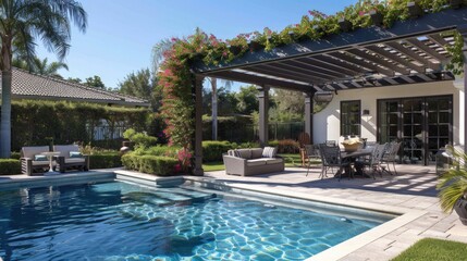 Fototapeta premium Luxurious backyard living space with outdoor furniture and a pool. Relaxing backyard living space with a pergola and outdoor furniture. Real estate and home decor concept.