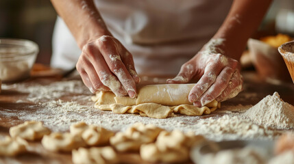 A close-up of hands rolling out dough for baking, with flour and ingredients on the counter