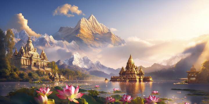 Panoramic view of the concept of the Golden Hindu temple in the middle of the divine Himalayan mountains and lotus pond. Generative AI image.	