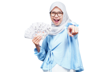 Hijab asian woman holding money and pointing isolated transparent