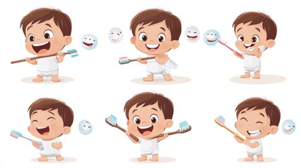Fototapeta premium Smiling Baby Brushing His Teeth in Various Poses