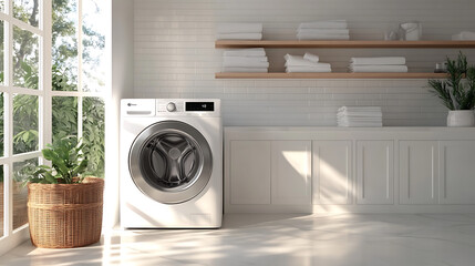 An eco-friendly washing machine with a green energy label, surrounded by lush indoor plants.