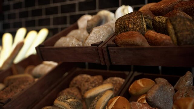 Various types of bread are neatly arranged and displayed on the shelves in a store.