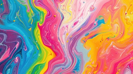 Vibrant marbled acrylic paint texture with bold colors and rainbow swirls.