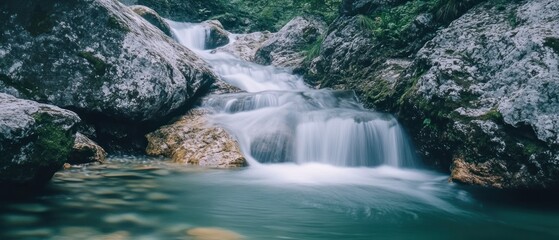 Fototapeta premium Cascading Waterfall in a Lush Forest
