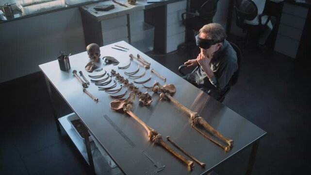 Mature archaeologist in VR headset studies remains of ancient extinct human skeleton using augmented reality technology. Scientist does historical research, works in archaeological lab. High Angle.