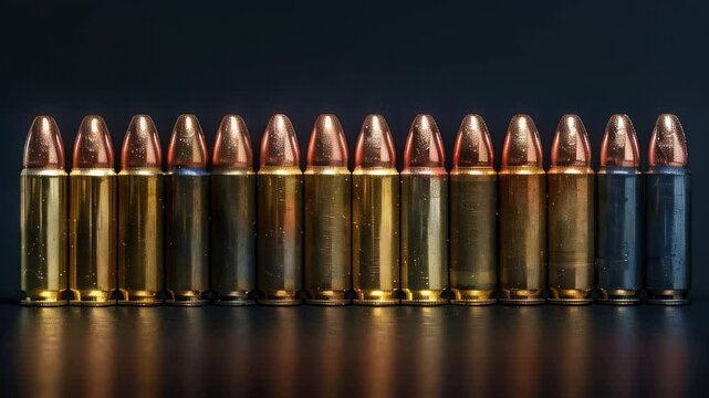 Detailed close-up of various ammunition rounds arranged in a row against a dark background