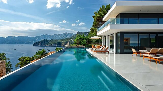 Infinity Dreams: Modern villa with infinity pool overlooks breathtaking ocean and mountain vista. 