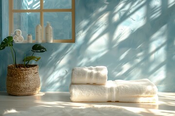 stack of towels on blurred bathroom background. laundry, washing concept. domestic use, promoting purity and freshness.