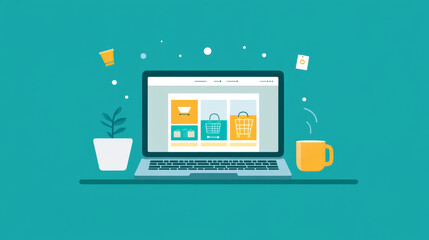 A desk setup with a laptop displaying an e-commerce site and a cup of coffee beside it
